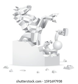 Cute little white Simplified try to carve a rough horse sculpture that represent strong, success, power and confidence.