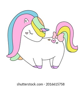 Cute little white unicorn with pink hearts. Children's cartoon character pony on an isolated background.