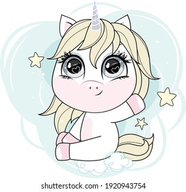 Cute little white unicorn with silver horn sitting on the cloud. Pastel soft colors.