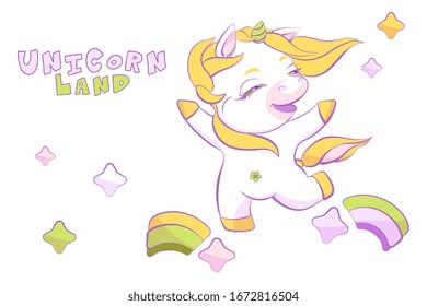 Cute little white unicorn is skipping on the rainbow