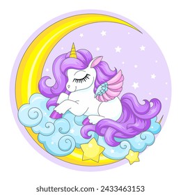 Cute little white unicorn sleeps on a cloud near the moon. Fantastic character. For children's design of prints, posters, cards, stickers, puzzles, etc. Vector