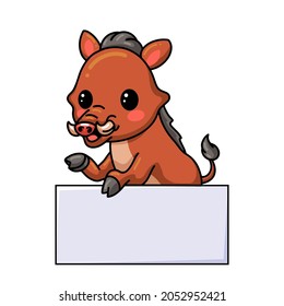 Cute little wild boar cartoon with blank sign