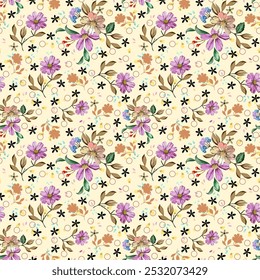 Flores silvestres pequenas bonitas em marrom, roxo-rosa, azul, desenhado à mão, sem costura, em um fundo amarelo claro. Projetado para tecido, moda, têxteis, papel de parede, envoltório de presente.