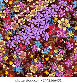 Cute little wild flowers, many colors, hand drawn, seamless, on a brown background. Designed for fabric, textiles, gift wrap.
