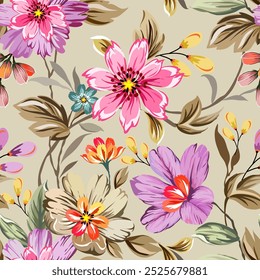 Cute little wild flowers in pink, brown, light purple, vintage style, seamless hand drawn. On a romantic light background Designed for fabric, fashion, textiles, wallpaper, gift wrap.