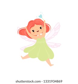 Cute Little Winged Fairy Flying with Magic Wand, Beautiful Redhead Girl Character in Fairy Costume Vector Illustration