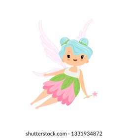 Cute Little Winged Fairy Flying with Magic Wand, Beautiful Girl Character in Fairy Costume Vector Illustration