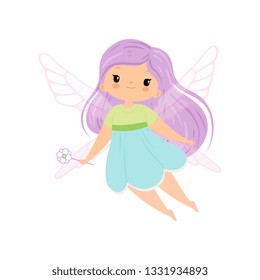 Cute Little Winged Fairy with Long Lilac Hair, Beautiful Flying Girl Character in Fairy Costume with Magic Wand Vector Illustration