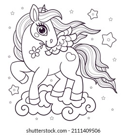 Cute little winged unicorn. Pony princess. Black and white, linear, contour drawing. For children's design of coloring books, prints, posters, stickers, cards, tattoos and so on. Vector