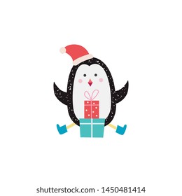 Cute little winter Christmas penguin in a red hat and boots. Christmas penguin sits and enjoys gifts and presents. Isolated vector flat illustration with a penguin character.