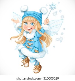 Cute little winter fairy girl in a blue coat with a Magic wand isolated on a white background