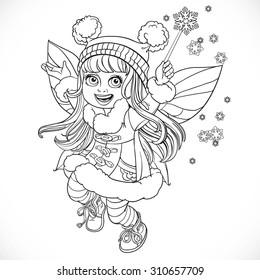 Cute little winter fairy girl in a blue coat with a Magic wand outlined isolated on a white background