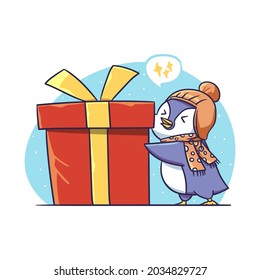 Cute Little Winter Penguin Character Holding Big Present Box Sticker Illustration