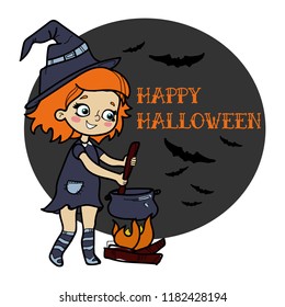 Cute little witch with a bowler hat over a fire and happy halloween text. Cartoon style in vector