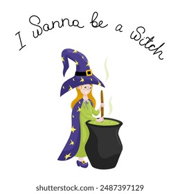 Cute little witch brewing potion in cauldron vector illustration. Witchery and sorcery concept. Happy Halloween greeting card design template