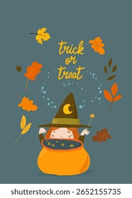 Cute Little Witch brewing a Potion in Cauldron. Vector Illustration