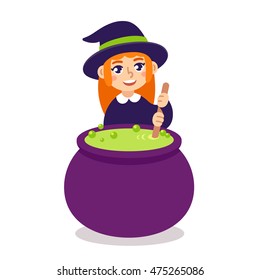 Cute little witch brewing potion in cauldron. Cartoon Halloween illustration.