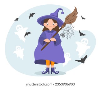 Pequeña bruja con escoba, luna, calabazas y murciélagos. Ilustración de Halloween en forma de caricatura, vector