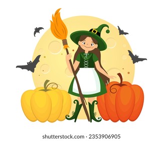 Pequeña bruja con escoba, luna, calabazas y murciélagos. Ilustración de Halloween en forma de caricatura, vector