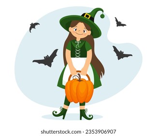 Pequeña bruja con escoba, luna, calabazas y murciélagos. Ilustración de Halloween en forma de caricatura, vector