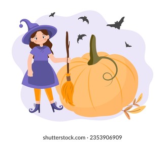 Pequeña bruja con escoba, luna, calabazas y murciélagos. Ilustración de Halloween en forma de caricatura, vector