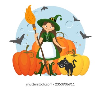 Pequeña bruja con escoba, luna, calabazas y murciélagos. Ilustración de Halloween en forma de caricatura, vector