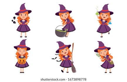 Cute Little Witch Cartoon Character Collection, Lovely Red Haired Girl in Purple Dress and Hat in Different Situations Vector Illustration