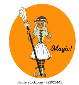 Cute little witch , cartoon magic Halloween young girl, character costume hat, vector illustration.