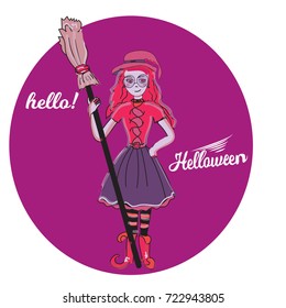 Cute little witch , cartoon magic Halloween young girl, character costume hat, vector illustration. Hello