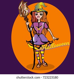 Cute little witch , cartoon magic Halloween young girl, character costume hat, vector illustration. Hello