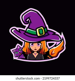 Cute little witch with a cat and a broom. Sticker, design element, logo. Vector illustration