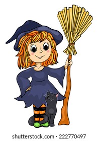 Cute little witch with a cat and broom. Cartoon vector illustration. Isolated on white.