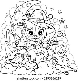 cute little witch cat, coloring book for children, outline illustration