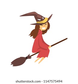 Cute little witch character flying with broom cartoon vector Illustration on a white background