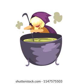 Cute little witch character preparing a potion in cauldron cartoon vector Illustration on a white background