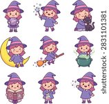 Cute little witch characters set performing various magical activities in chibi cartoon style