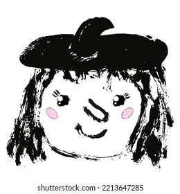 Cute little witch, children's drawing. Textured brush, author's linear drawing with colored spots. Doodle style. Halloween. Magic, witch, pointy hat.