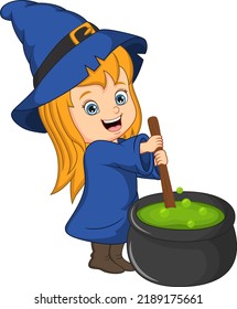 Cute little witch cooking a potion in cauldron