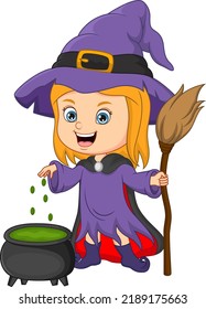 Cute little witch cooking a potion in cauldron