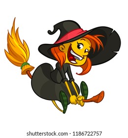 Cute little witch flying. Cartoon vector illustration. Isolated on white