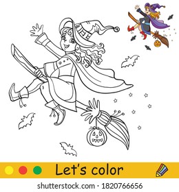 Cute little witch flying on broom with bats. Coloring book.Halloween cartoon vector illustration isolated on white background. Coloring book page with an example for coloring