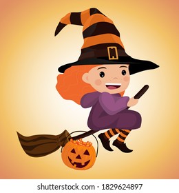 Cute little witch flying on a broomstick. Vector illustration. 