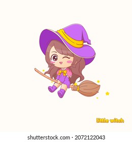 Cute little witch flying on broomstick, vector illustration.