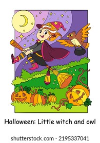 Cute little witch flying on a broomstick with an owl. Halloween concept for children. Vector colorful cartoon illustration. For print, decor, education and game