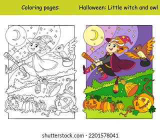 Cute little witch flying on a broomstick with an owl. Halloween concept. Kids coloring book page and color template. Vector cartoon illustration. For print, decor, education and game