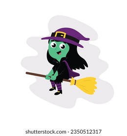 Cute Little Witch Flying On Magic Broom Vector Illustration. Halloween holiday Cartoon illustration on a white background