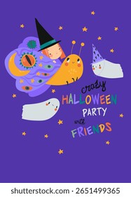 Cute Little Witch flying on Big Moth with Ghosts. Vector Illustration