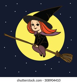 Cute little witch flying on the broom in night sky. Vector illustration