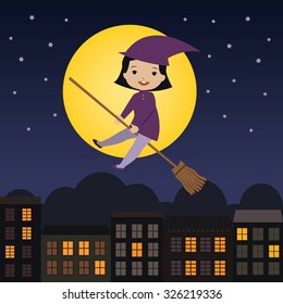 Cute little witch flying on a broom in front of the full moon. Halloween card. Night city.