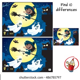 Cute little witch flying on a broomstick, black cat on a chimney, bat, a couple of ghosts and the moon. Find 10 differences. Educational game for children. Halloween cartoon vector illustration.